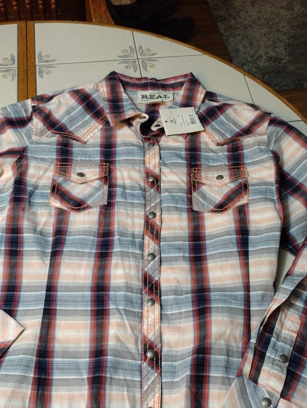 Woman's Ariat Peach, Blue & Navy Plaid Button-Down Shirt